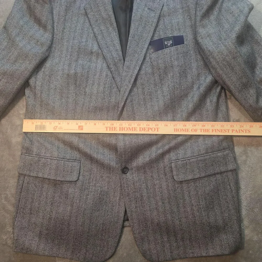 Botany 500 Sport Coat Mens 46 Long Gray Herringbone 100% Lambswool Tweed Jacket